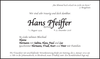 Traueranzeige von Hans Pfeiffer von Hersbrucker Zeitung