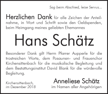 Traueranzeige von Hans Schätz von Hersbrucker Zeitung