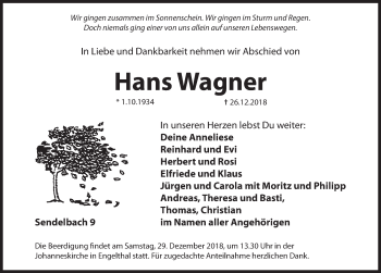 Traueranzeige von Hans Wagner von Hersbrucker Zeitung