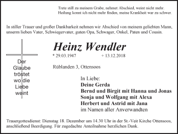 Traueranzeige von Heinz Wendler von Pegnitz-Zeitung
