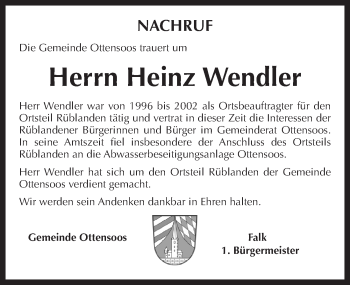 Traueranzeige von Heinz Wendler von Pegnitz-Zeitung