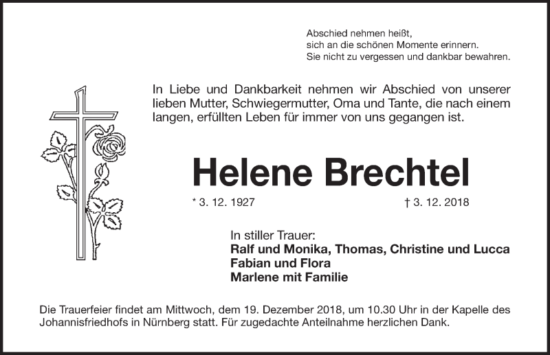 Traueranzeige für Helene Brechtel vom 15.12.2018 aus Pegnitz-Zeitung