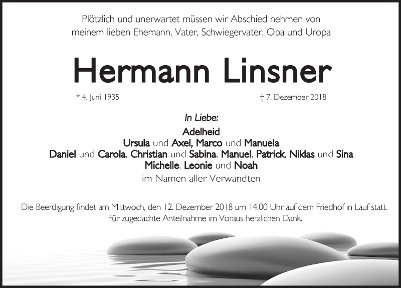  Traueranzeige für Hermann Linsner vom 08.12.2018 aus Pegnitz-Zeitung