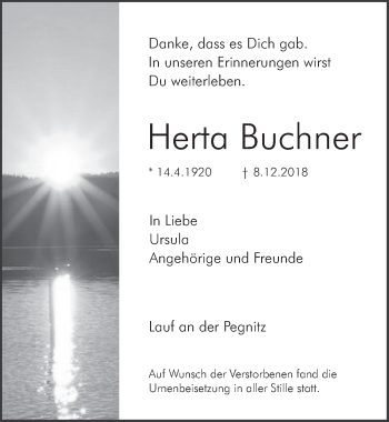 Traueranzeige von Herta Buchner von Pegnitz-Zeitung