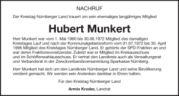 Traueranzeige von Hubert Munkert von Pegnitz-Zeitung