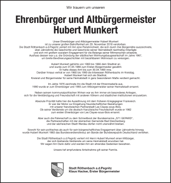 Traueranzeige von Hubert Munkert von Pegnitz-Zeitung