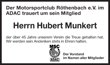 Traueranzeige von Hubert Munkert von Pegnitz-Zeitung