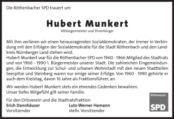 Traueranzeige von Hubert Munkert von Pegnitz-Zeitung