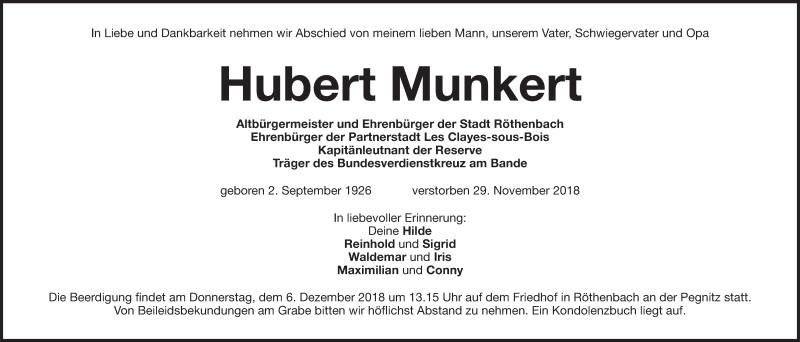  Traueranzeige für Hubert Munkert vom 01.12.2018 aus Pegnitz-Zeitung