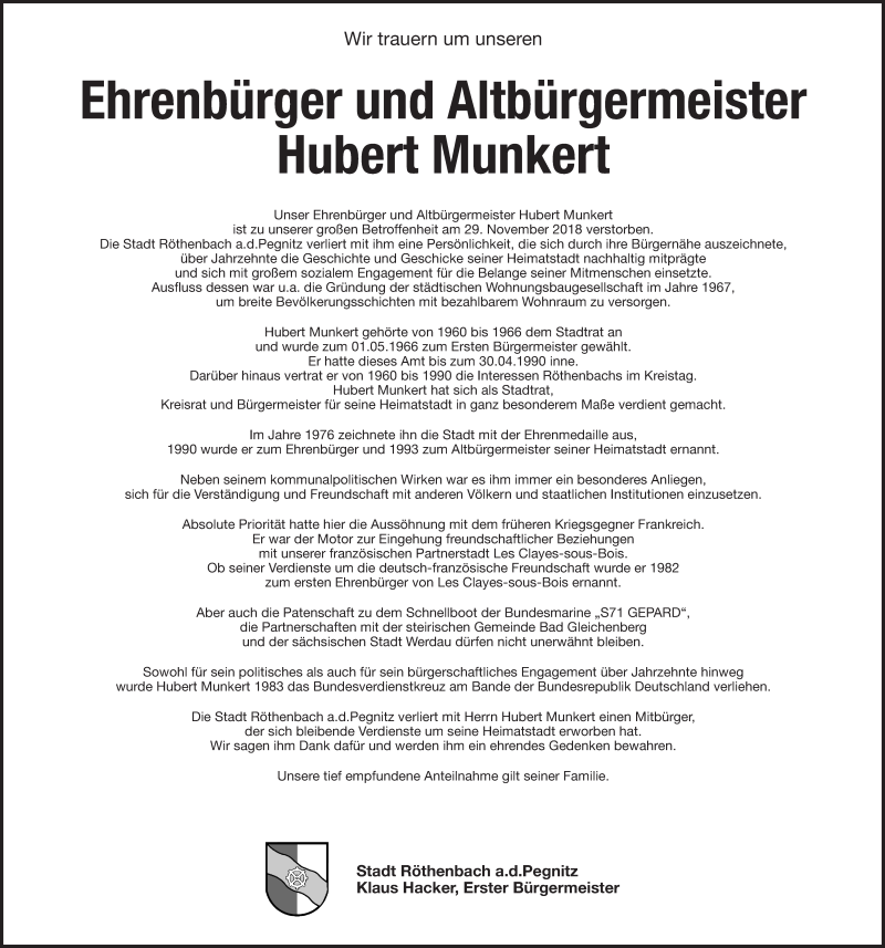  Traueranzeige für Hubert Munkert vom 01.12.2018 aus Pegnitz-Zeitung