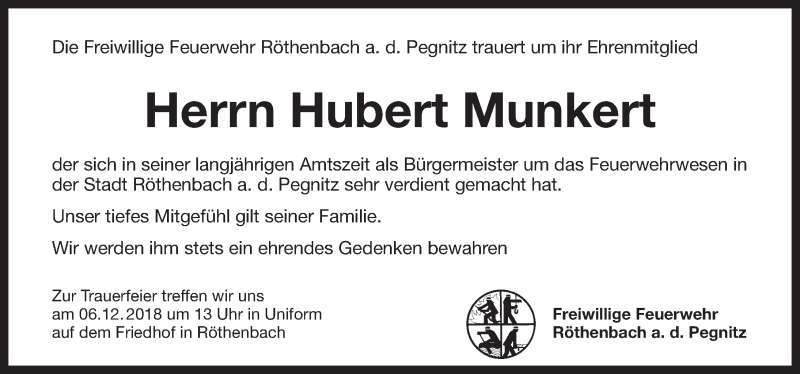  Traueranzeige für Hubert Munkert vom 01.12.2018 aus Pegnitz-Zeitung