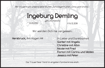 Traueranzeige von Ingeburg Demling von Hersbrucker Zeitung
