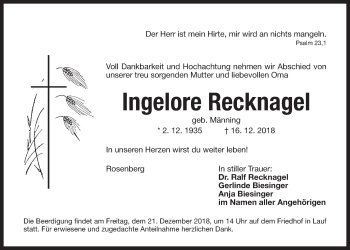 Traueranzeige von Ingelore Recknagel von Der Bote