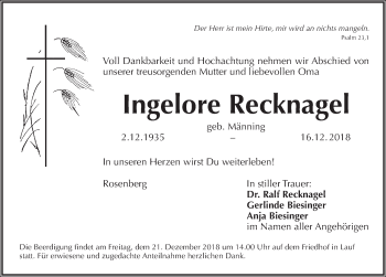 Traueranzeige von Ingelore Recknagel von Pegnitz-Zeitung