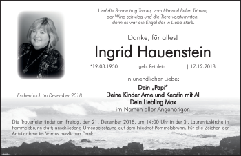Traueranzeige von Ingrid Hauenstein von Hersbrucker Zeitung