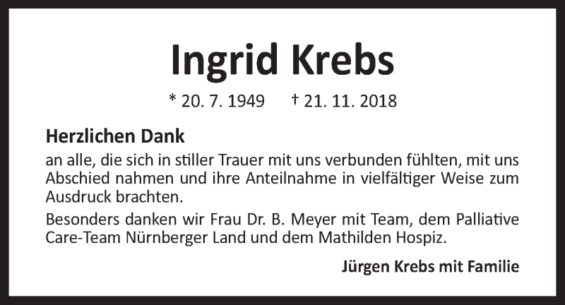  Traueranzeige für Ingrid Krebs vom 15.12.2018 aus Der Bote