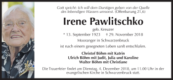 Traueranzeige von Irene Pawlitschko von Der Bote