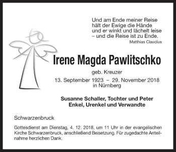 Traueranzeige von Irene Magda Pawlitschko von Der Bote