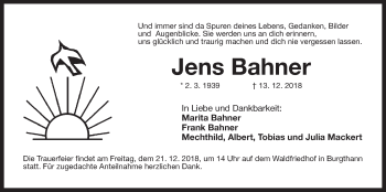 Traueranzeige von Jens Bahner von Der Bote