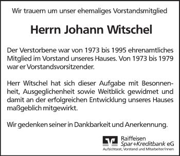 Traueranzeige von Johann Witschel von Pegnitz-Zeitung