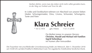 Traueranzeige von Klara Schreier von Pegnitz-Zeitung