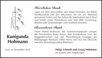 Traueranzeige von Kunigunda Hohmann von Pegnitz-Zeitung