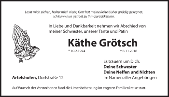 Traueranzeige von Käthe Grätsch von Hersbrucker Zeitung