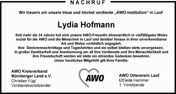 Traueranzeige von Lydia Hofmann von Pegnitz-Zeitung