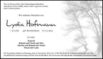 Traueranzeige von Lydia Hofmann von Pegnitz-Zeitung