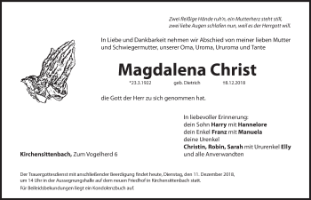 Traueranzeige von Magdalena Christ von Hersbrucker Zeitung