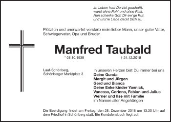 Traueranzeige von Manfred Taubald von Pegnitz-Zeitung