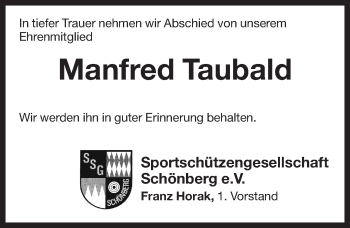 Traueranzeige von Manfred Taubald von Pegnitz-Zeitung