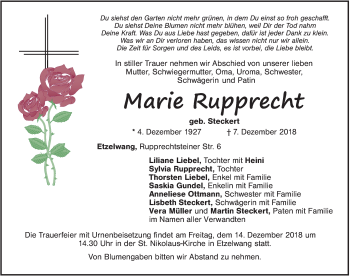 Traueranzeige von Marie Rupprecht von Hersbrucker Zeitung
