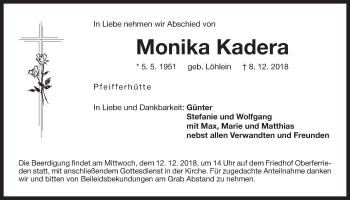 Traueranzeige von Monika Kadera von Der Bote