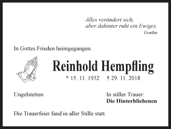 Traueranzeige von Reinhold Hempfling von Der Bote