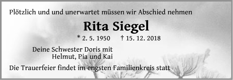  Traueranzeige für Rita Siegel vom 27.12.2018 aus Der Bote