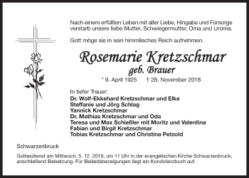 Traueranzeige von Rosemarie Kretzschmar von Der Bote