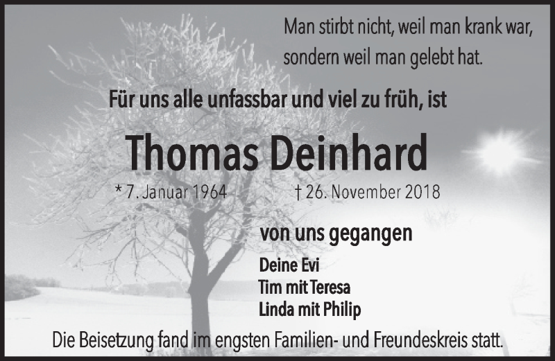  Traueranzeige für Thomas Deinhard vom 08.12.2018 aus Hersbrucker Zeitung