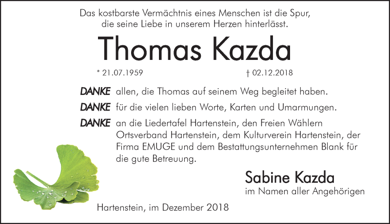  Traueranzeige für Thomas Kazda vom 15.12.2018 aus Hersbrucker Zeitung