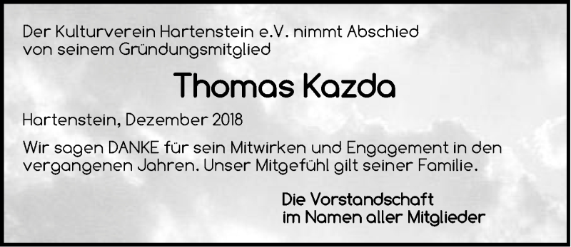  Traueranzeige für Thomas Kazda vom 11.12.2018 aus Hersbrucker Zeitung