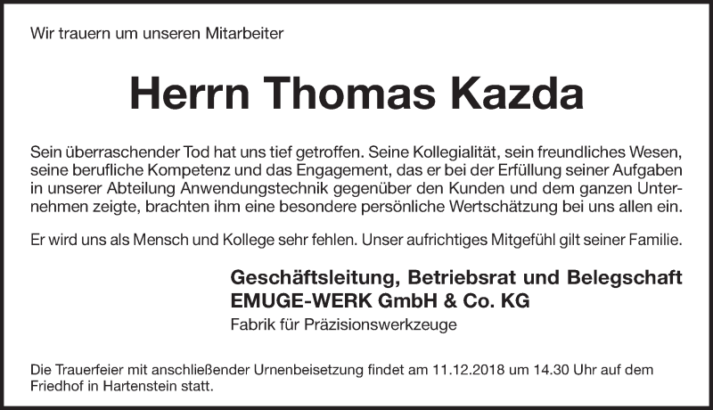  Traueranzeige für Thomas Kazda vom 08.12.2018 aus Pegnitz-Zeitung