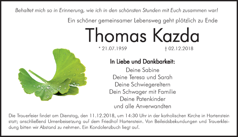  Traueranzeige für Thomas Kazda vom 08.12.2018 aus Hersbrucker Zeitung