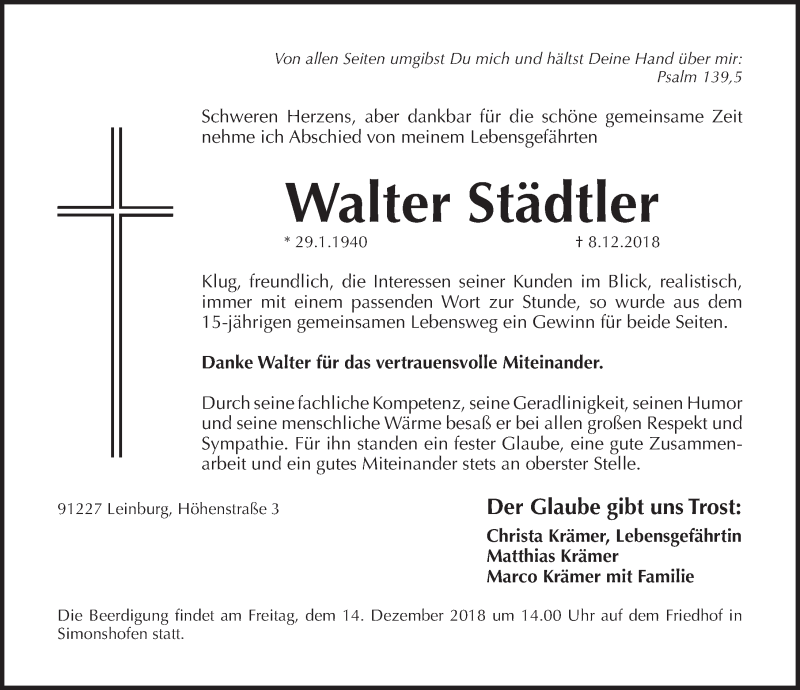  Traueranzeige für Walter Städtler vom 12.12.2018 aus Pegnitz-Zeitung