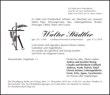 Traueranzeige von Walter Städtler von Pegnitz-Zeitung