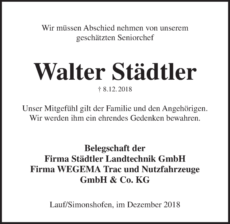  Traueranzeige für Walter Städtler vom 12.12.2018 aus Pegnitz-Zeitung