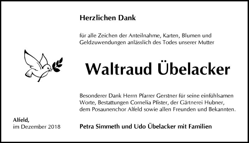  Traueranzeige für Waltraud Übelacker vom 01.12.2018 aus Hersbrucker Zeitung
