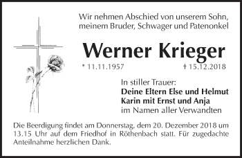 Traueranzeige von Werner Krieger von Pegnitz-Zeitung
