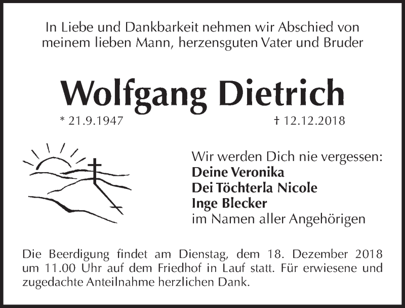 Traueranzeige für Wolfgang Dietrich vom 15.12.2018 aus Pegnitz-Zeitung