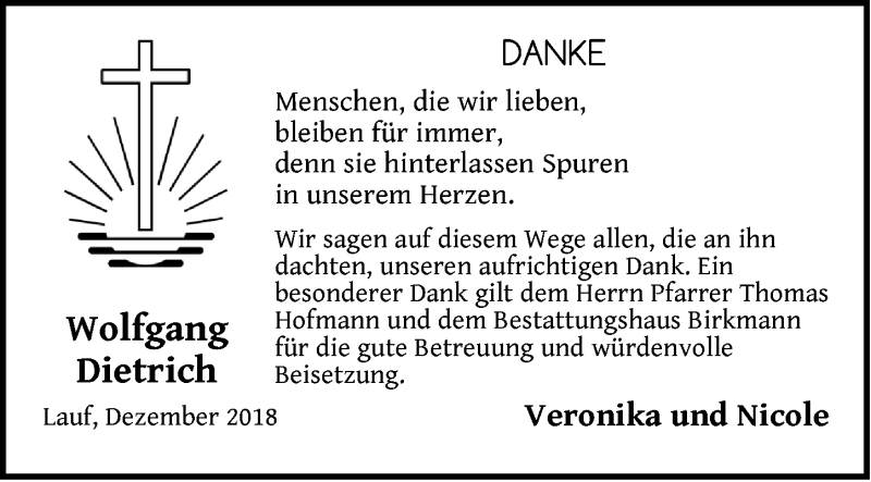  Traueranzeige für Wolfgang Dietrich vom 22.12.2018 aus Pegnitz-Zeitung