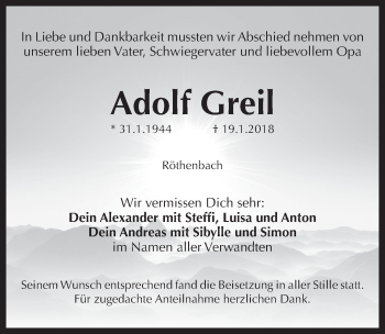 Traueranzeige von Adolf Greil von Pegnitz-Zeitung